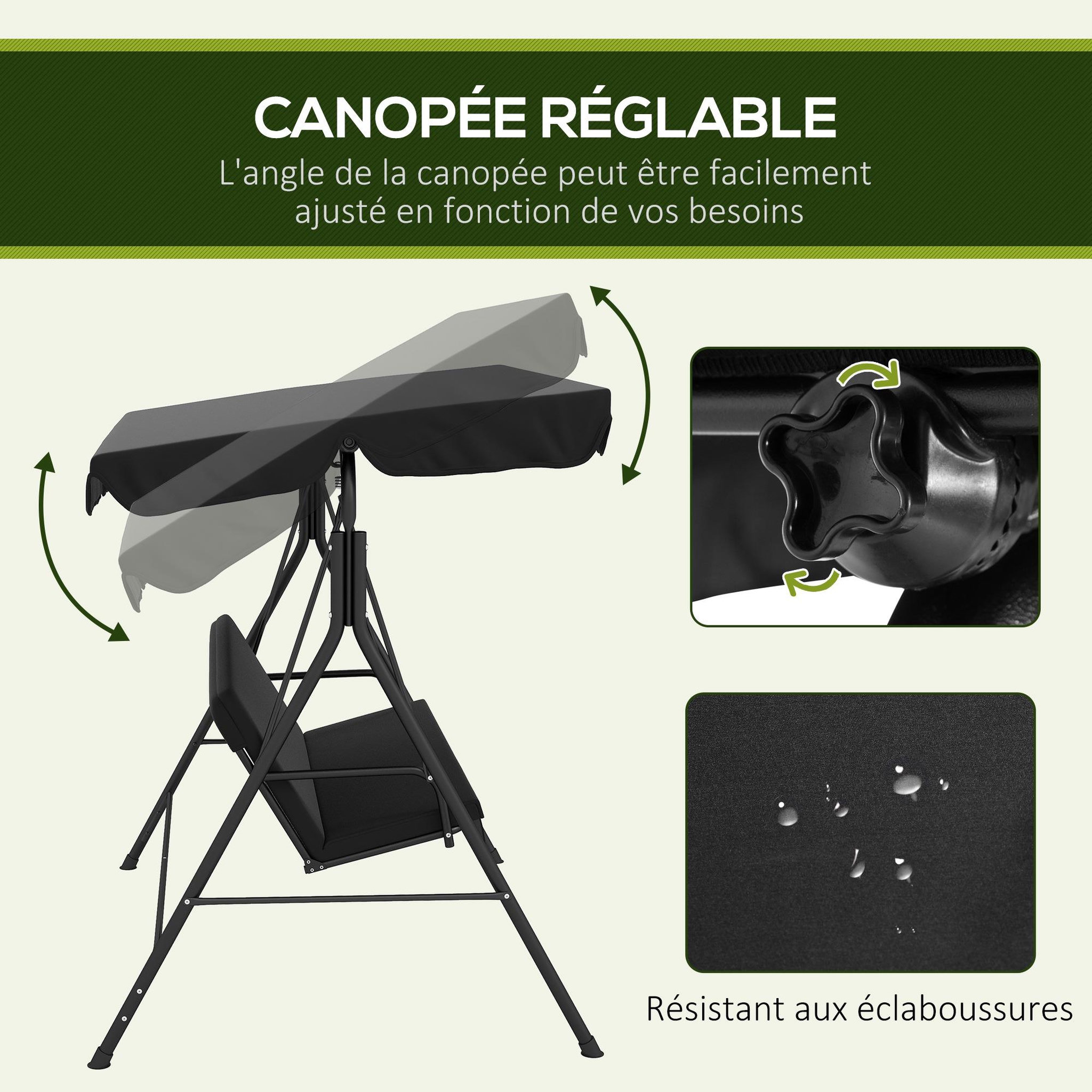 Voir la diapositive 4 : OUTSUNNY Balancelle de jardin 3 places toit réglable coussins assise dossier acier polyester noir