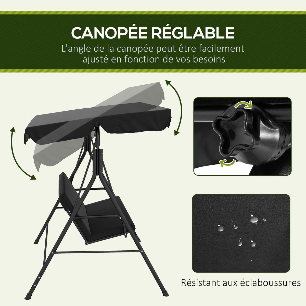 OUTSUNNY Balancelle de jardin 3 places toit réglable coussins assise dossier acier polyester noir