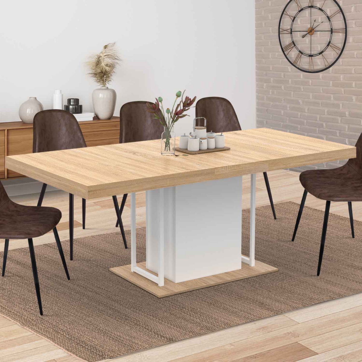 ID MARKET Table à manger extensible rectangle UGO 6-10 personnes bois façon hêtre et blanc 160-200 cm