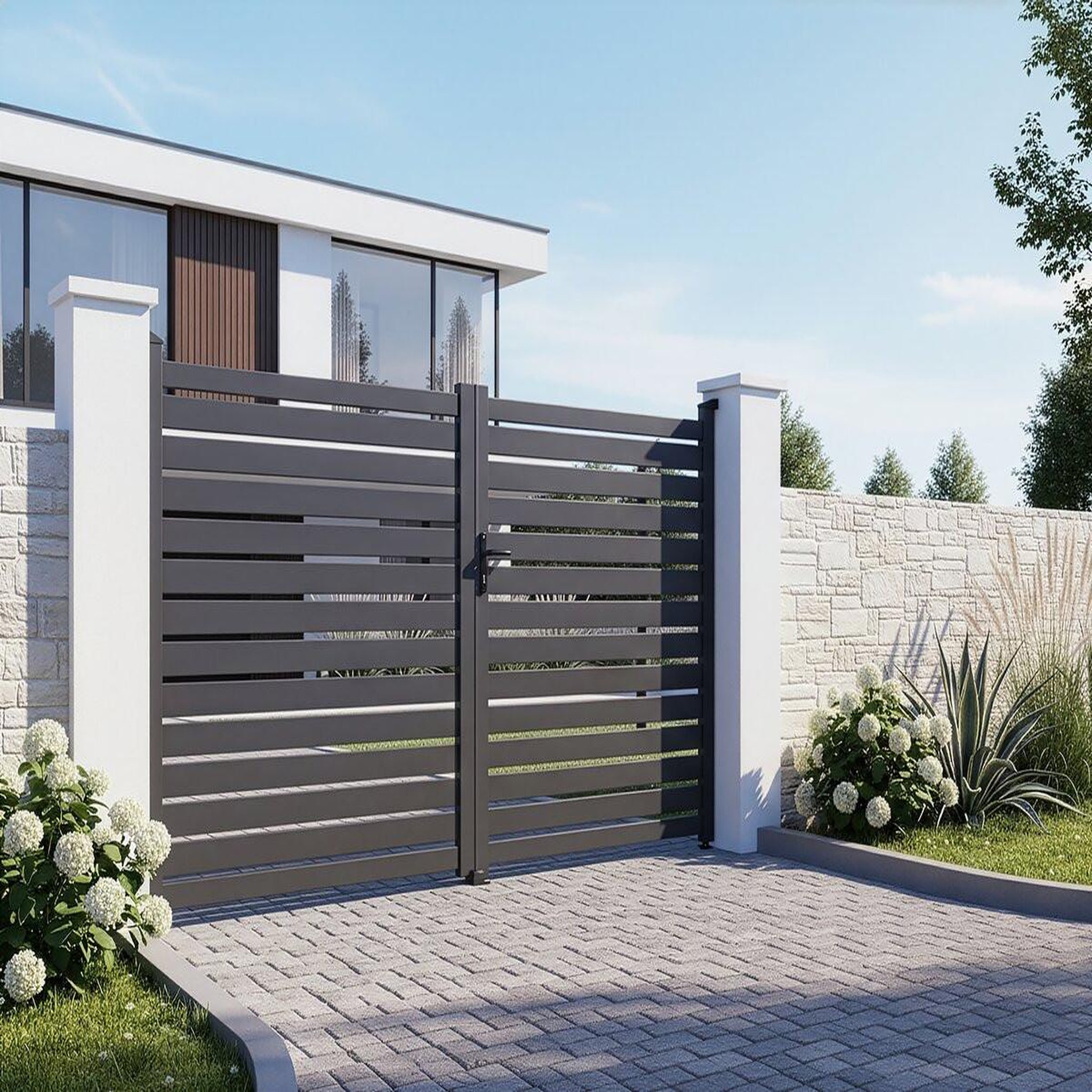Voir la diapositive 2 : Habitat et Jardin Portail semi-ajouré en aluminium  julien - 340 x 140 cm - gris