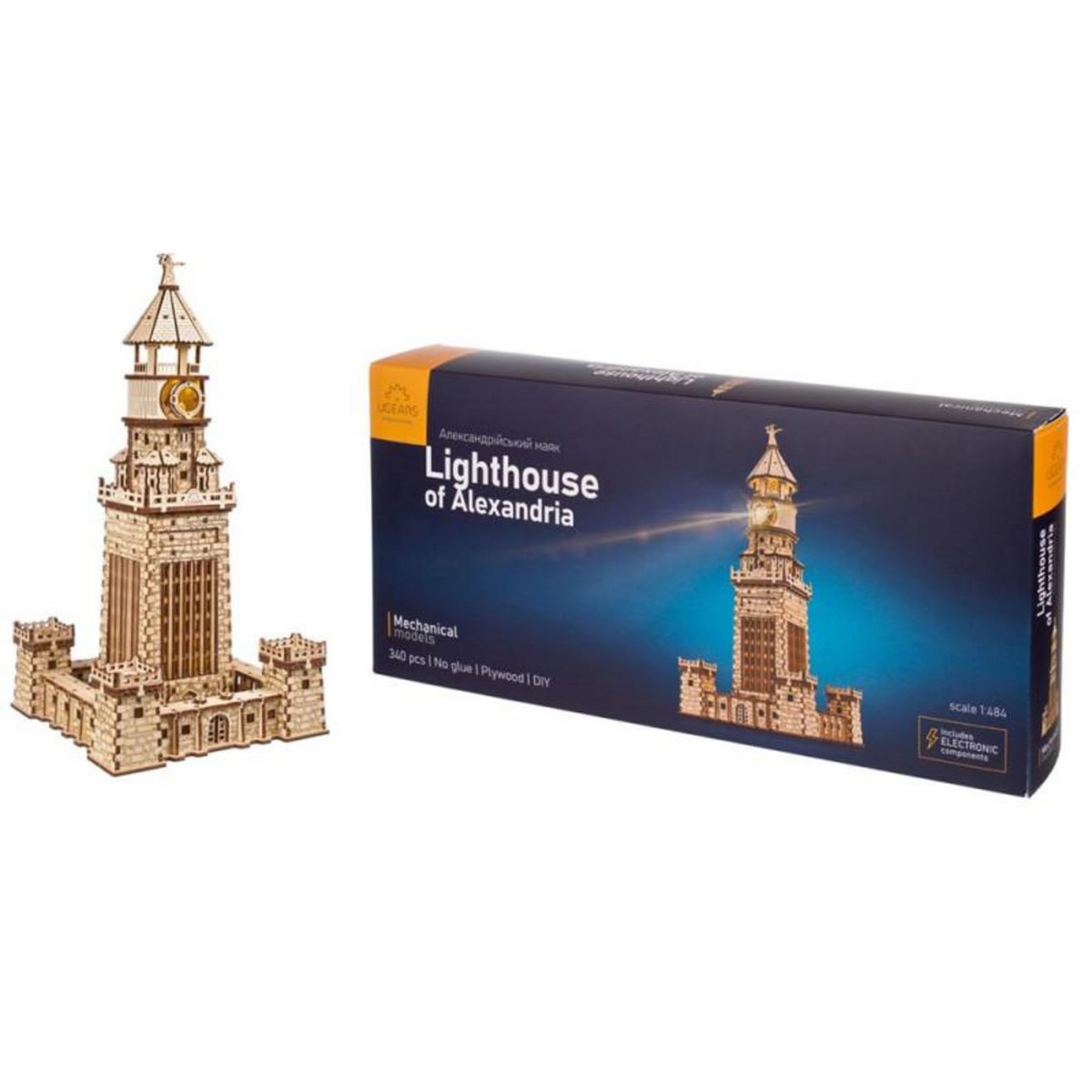 UGEARS Puzzle 3D 340 pièces Ugears Phare d Alexandrie avec lumière Bois