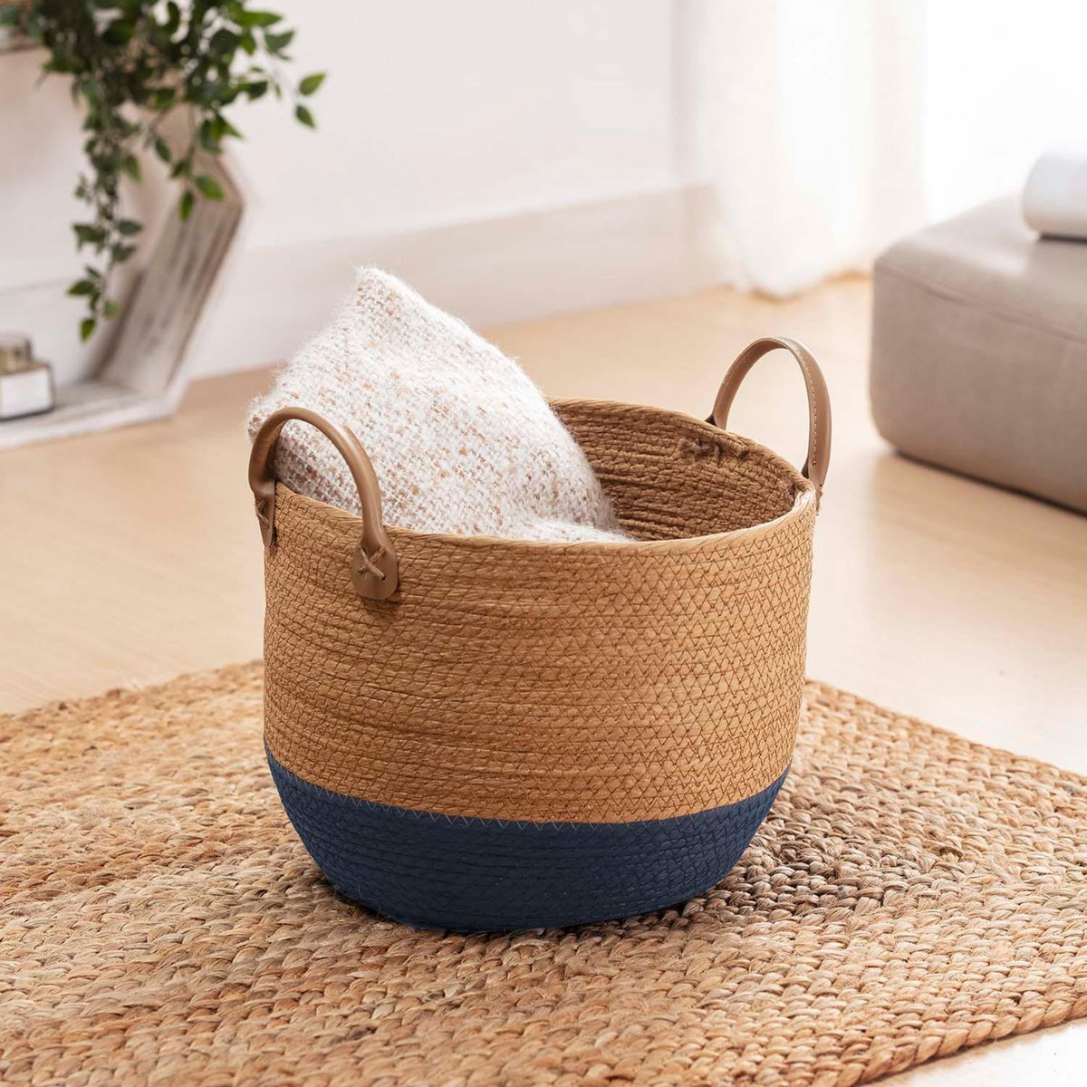 VS VENTA-STOCK Set de 3 paniers Tecla fibre naturelle, bleu/naturel