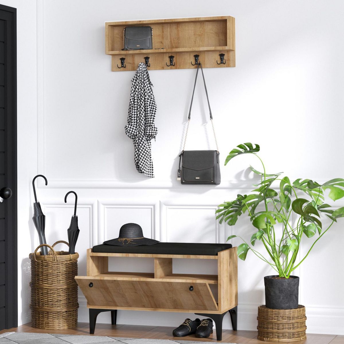 CONCEPT USINE Meuble d'entrée avec meuble à chaussures banquette et vestiaire mural en bois LUANA