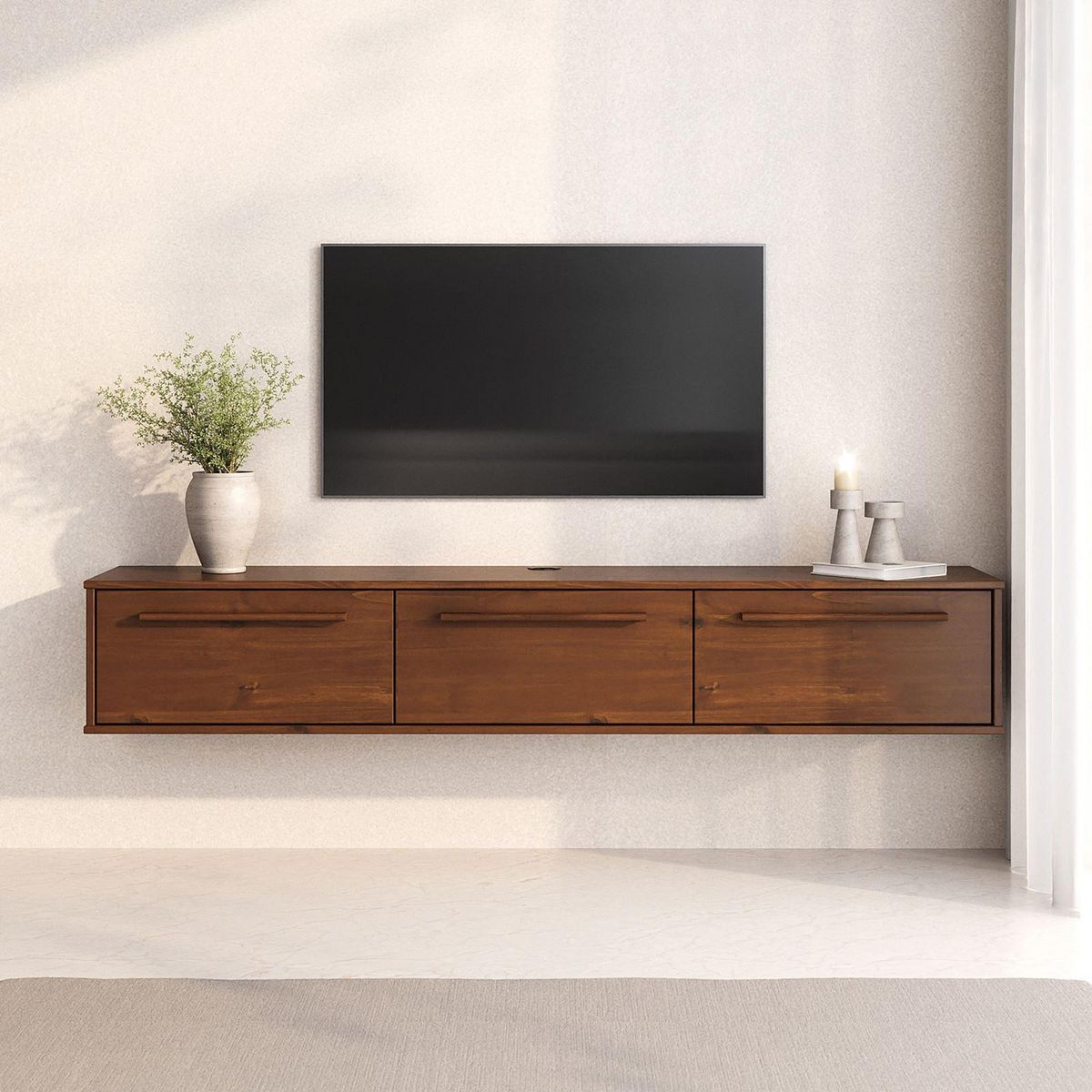 IDIMEX Meuble TV suspendu TECCA L 180 cm 3 portes en bois massif