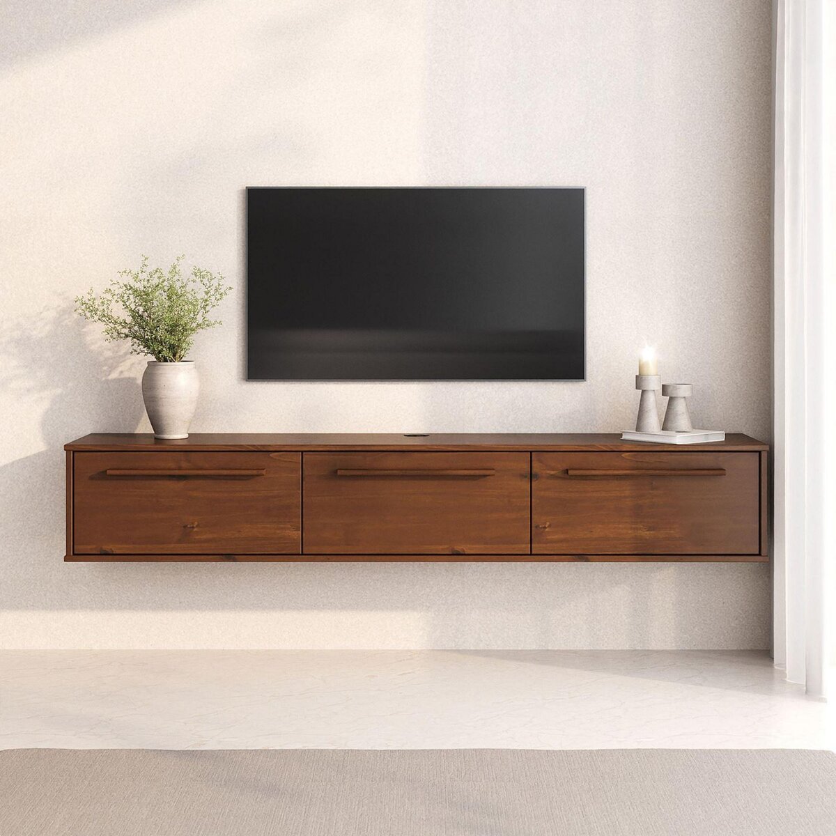 IDIMEX Meuble TV suspendu TECCA L 180 cm 3 portes en bois massif