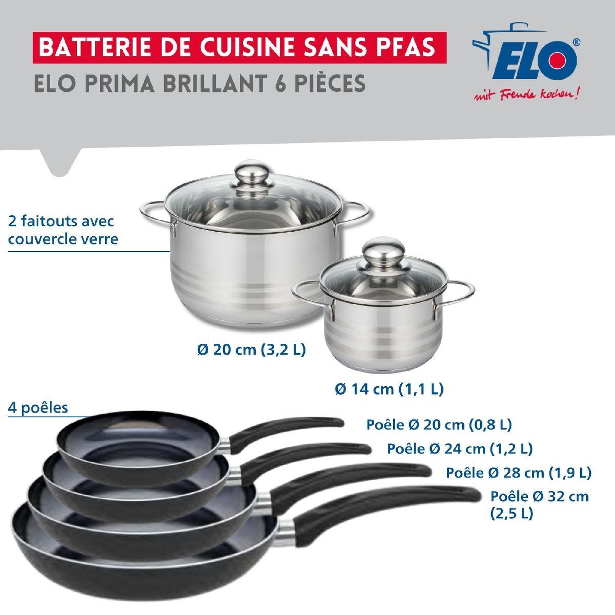 Voir la diapositive 2 : ELO Ensemble de 4 poêles de cuisson 20, 24, 28 et 32 cm et 2 faitouts 14 et 20 cm elo prima brillant
