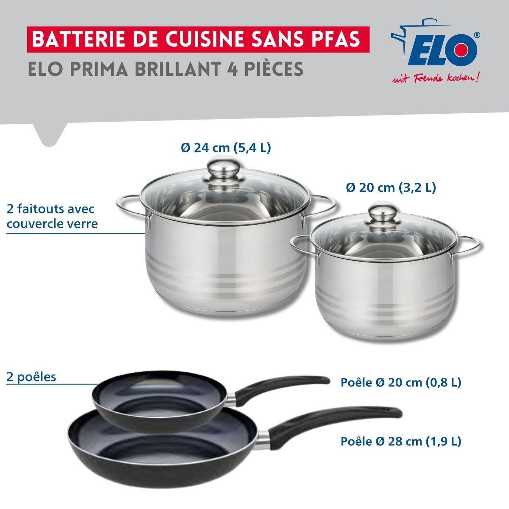 Voir la diapositive 2 : ELO Ensemble de 2 poêles de cuisson 20 et 28 cm et 2 faitouts 20 et 24 cm elo prima brillant