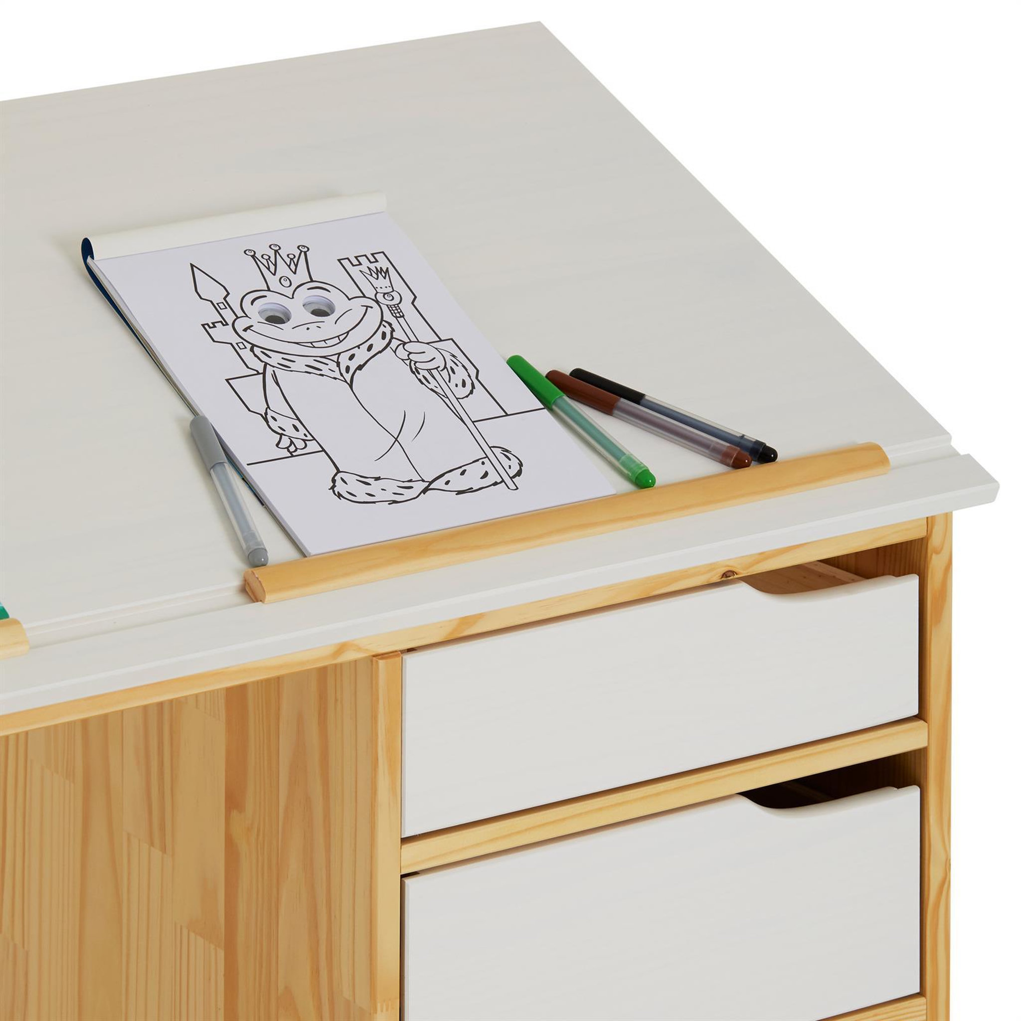 Voir la diapositive 4 : IDIMEX Bureau enfant EMMA, en pin massif, 4 tiroirs et plateau inclinable