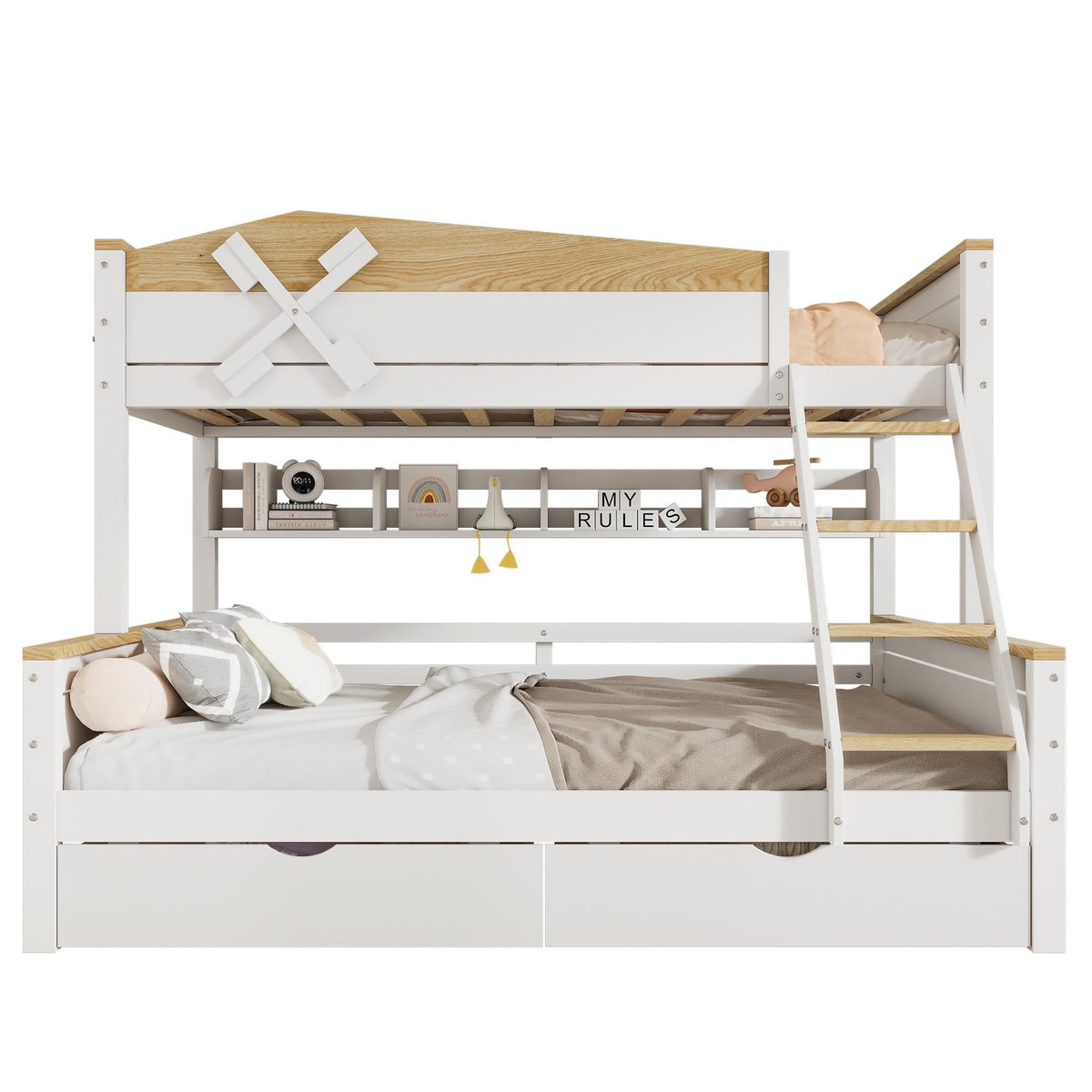 MERAX Lit superposé 140x200(90x200)cm coloris blanc+naturel pin