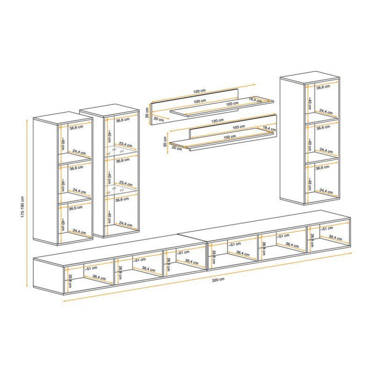 Paris Prix Meuble TV Mural Design  Fly V  320cm Noir & Blanc
