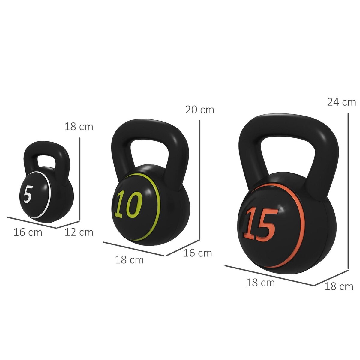 HOMCOM Lot de 3 kettlebells 2,2/4,5/6,8 Kg - prise ergonomique - entraînement musculaire & haltérophilie - PVC noir