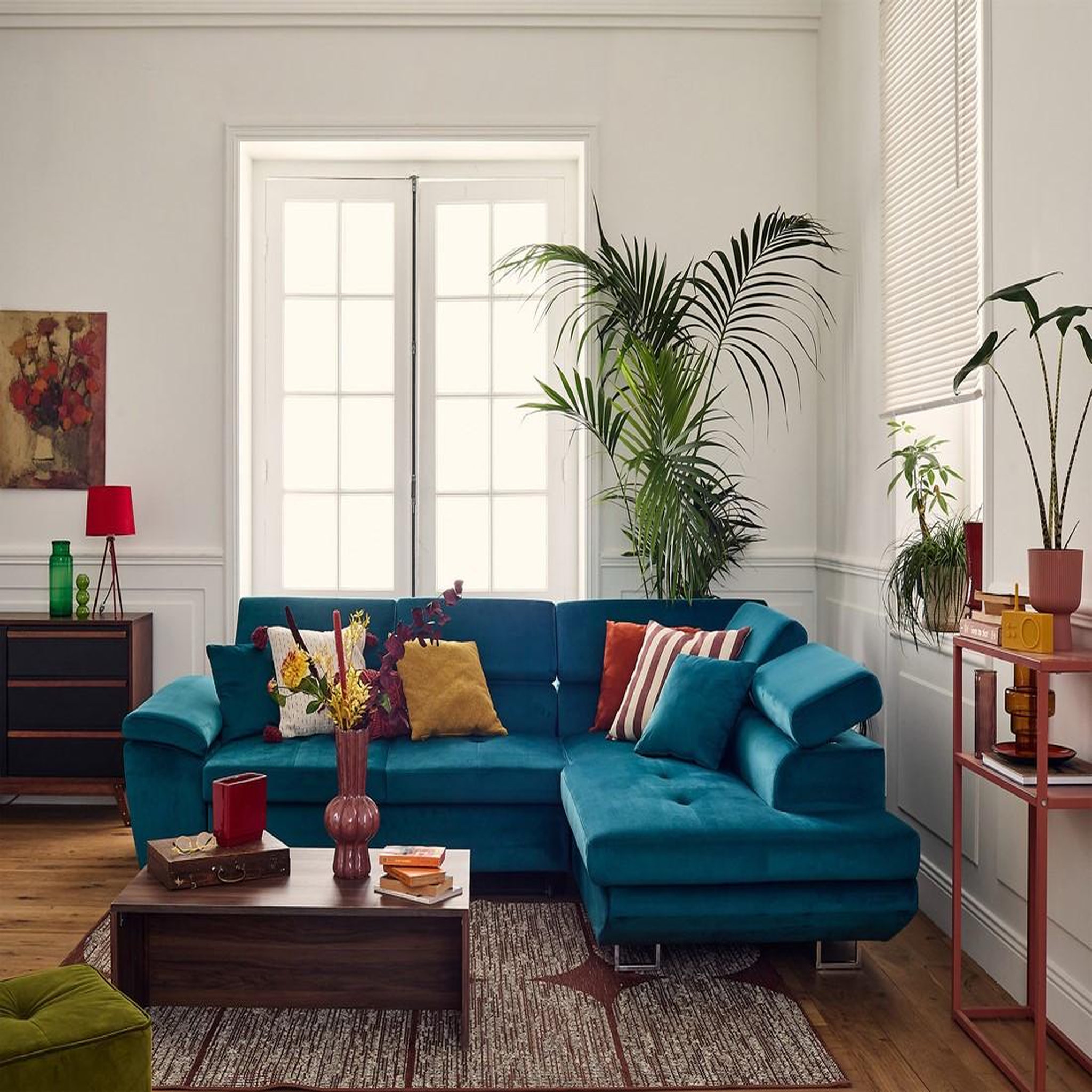 Voir la diapositive 6 : BEST MOBILIER Dimas - canapé d'angle droit 5 places - convertible avec coffre et têtières réglables - en velours