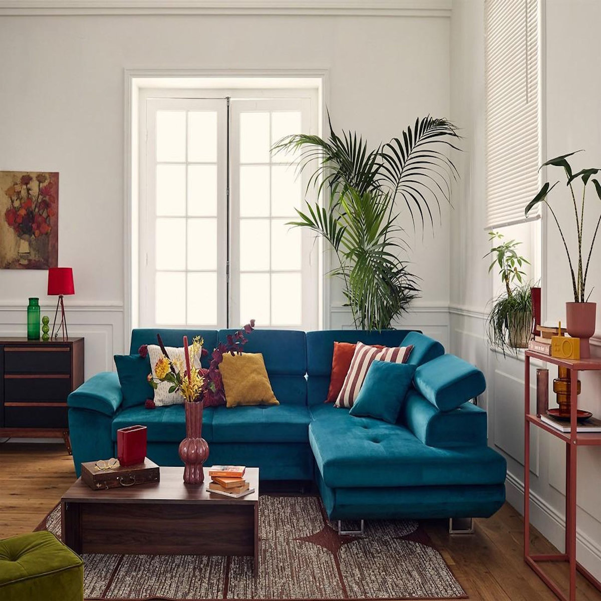 BEST MOBILIER Dimas - canapé d'angle droit 5 places - convertible avec coffre et têtières réglables - en velours