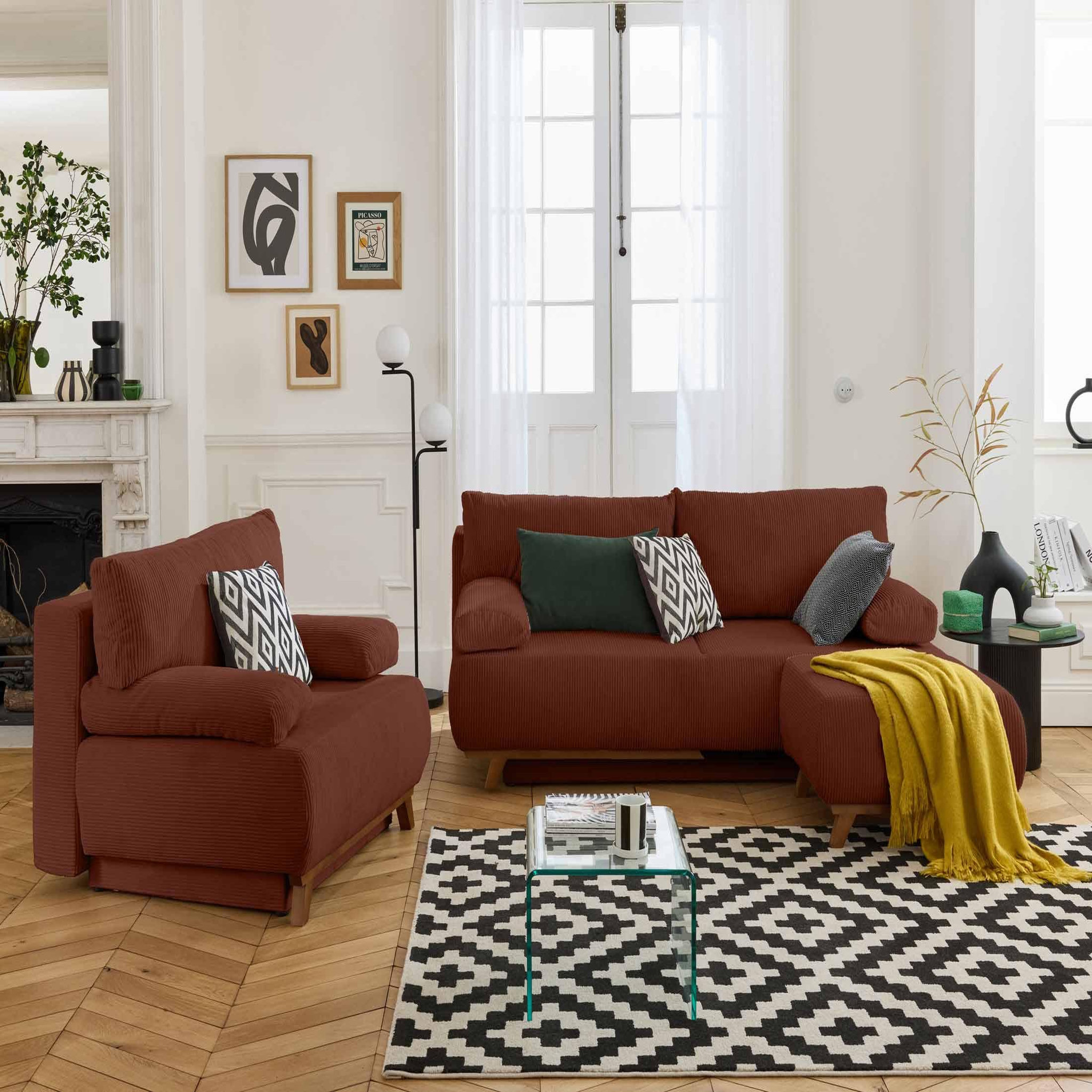 Voir la diapositive 6 : BEST MOBILIER Cristal - canapé 3 places - convertible avec coffre et pouf - en velours côtelé
