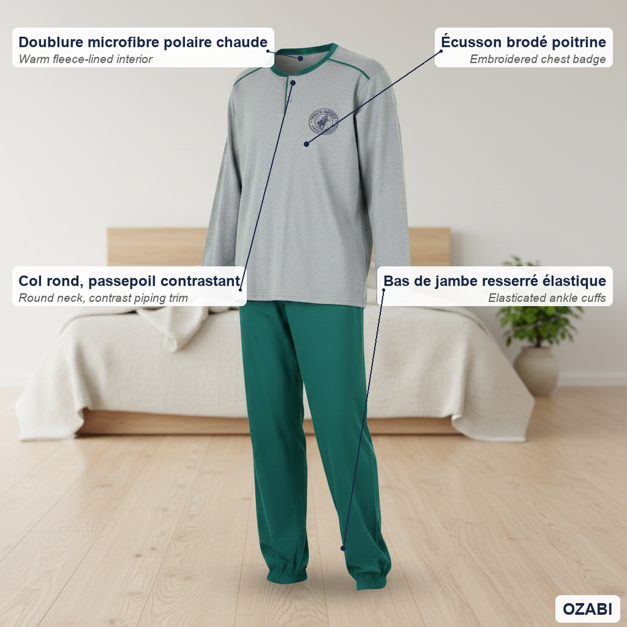 Voir la diapositive 5 : OZABI Ozabi pyjama homme doublé polaire écusson brodé