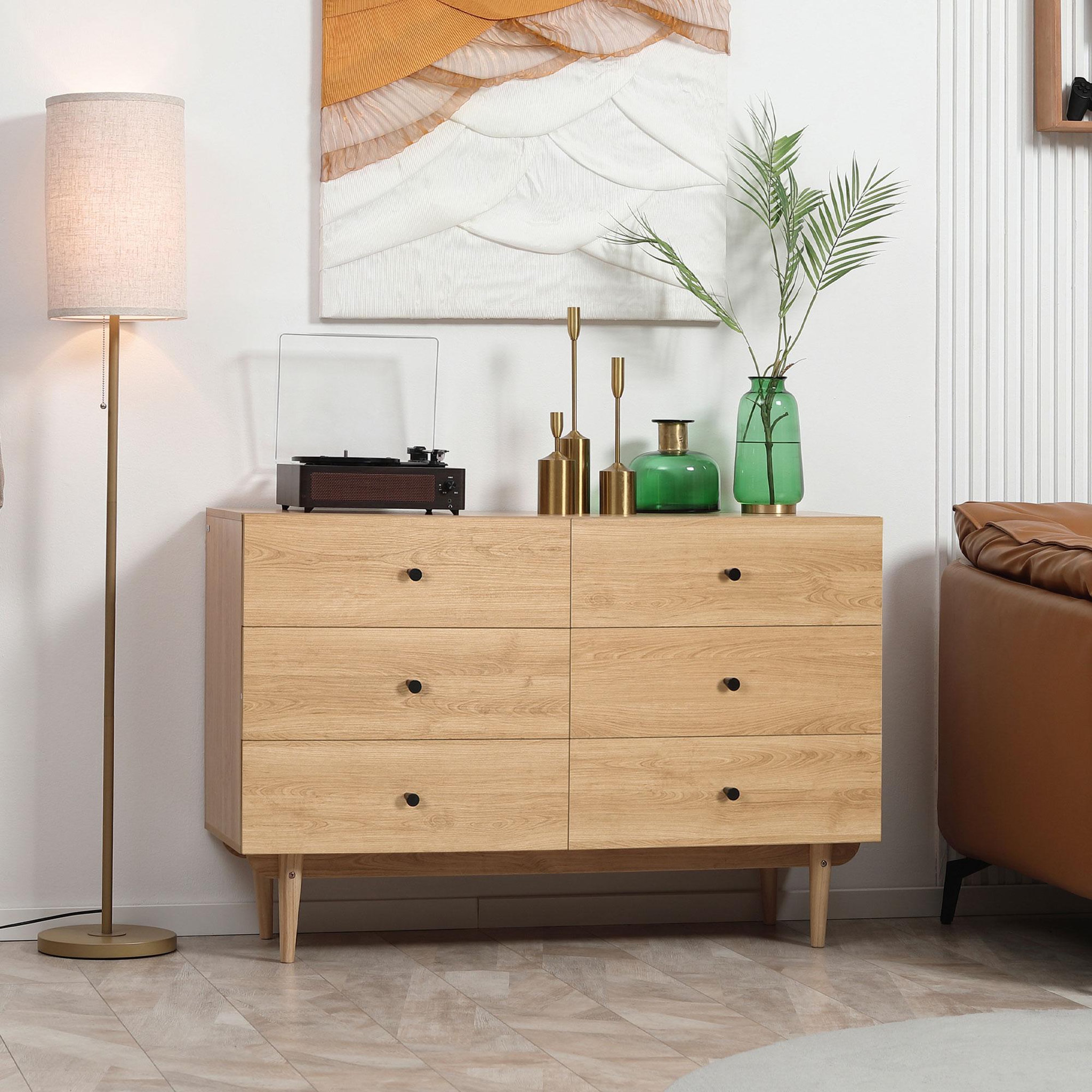 Voir la diapositive 4 : HOMCOM Commode vintage 6 tiroirs coulissants piètement bois de pin panneaux aspect bois de teck