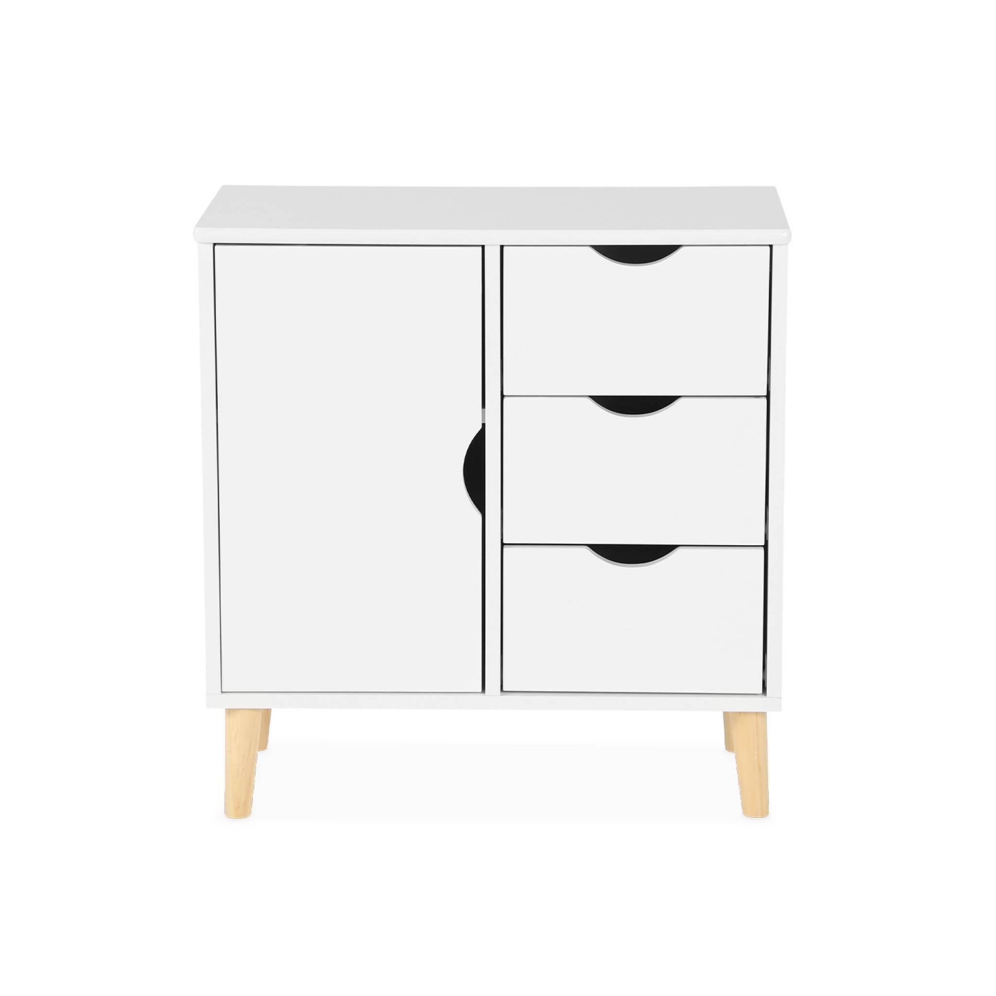 Voir la diapositive 6 : SWEEEK Commode enfant. 1 porte et 3 tiroirs. 2 étagères. blanc. pieds en pin