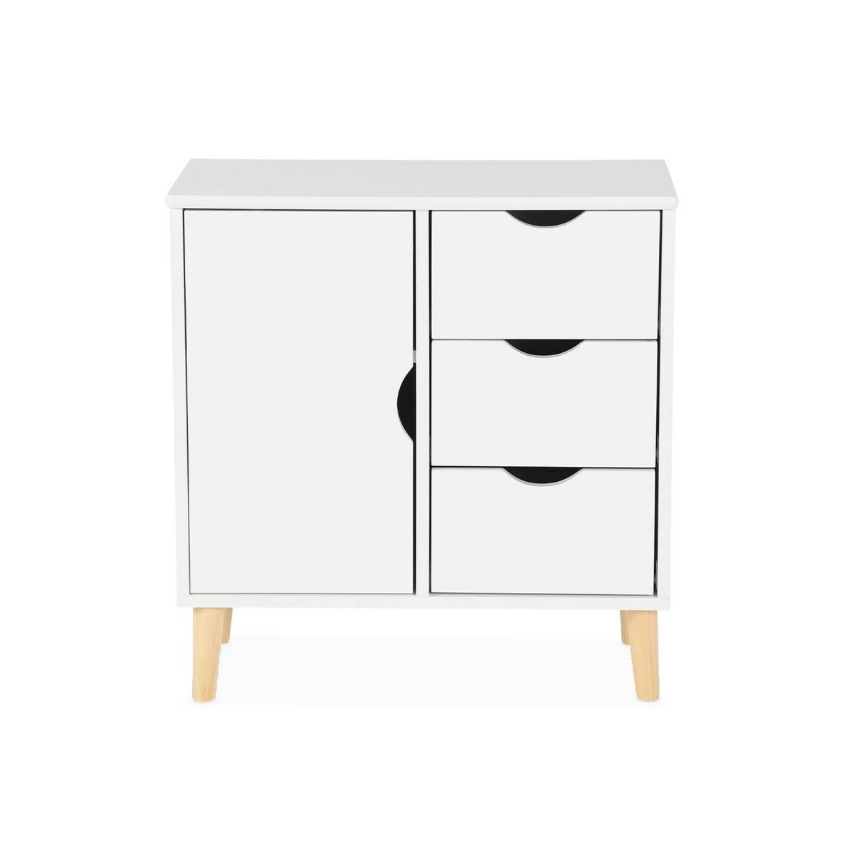 SWEEEK Commode enfant. 1 porte et 3 tiroirs. 2 étagères. blanc. pieds en pin