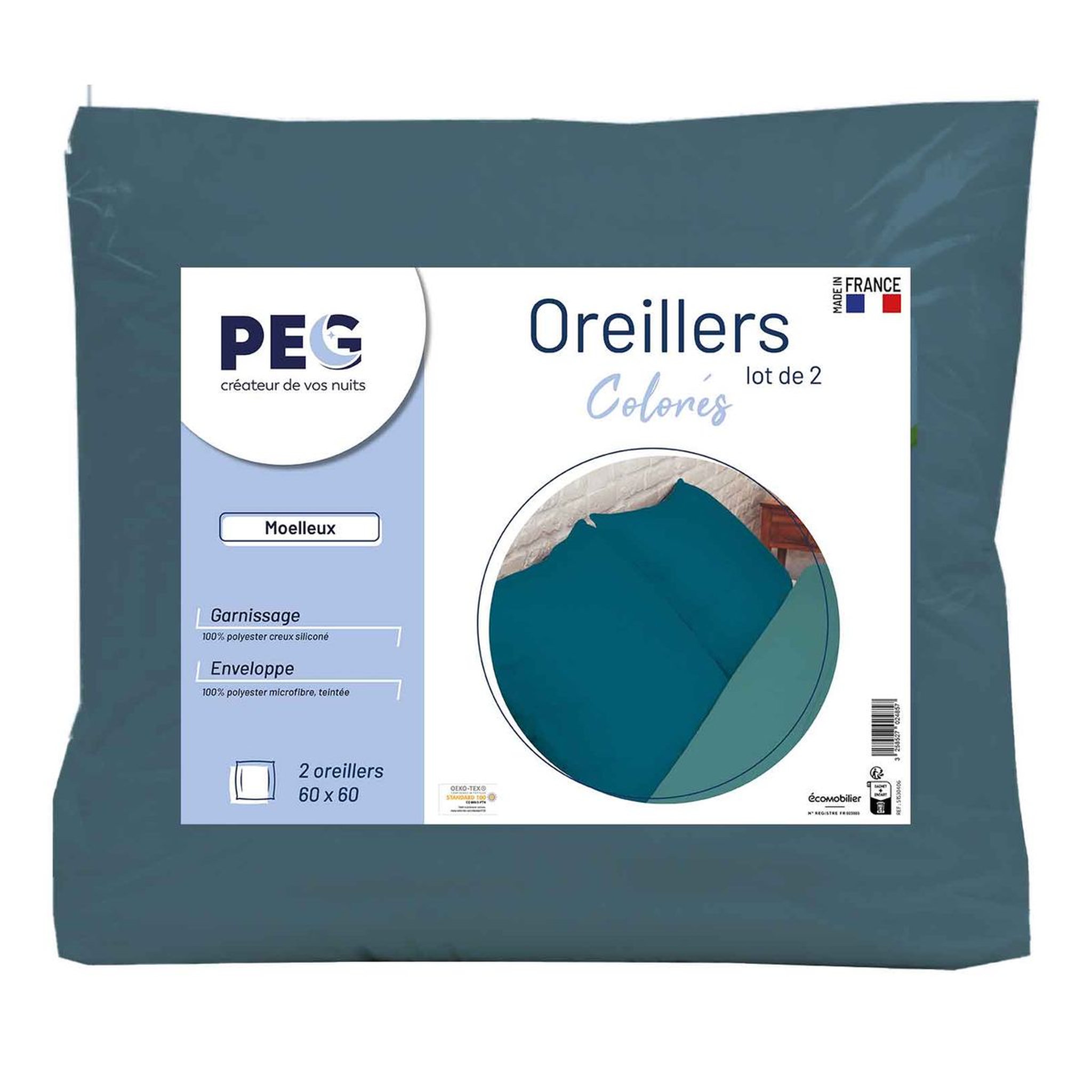 PEG Lot de 2 oreillers confort moelleux anti acariens antibacteriens 