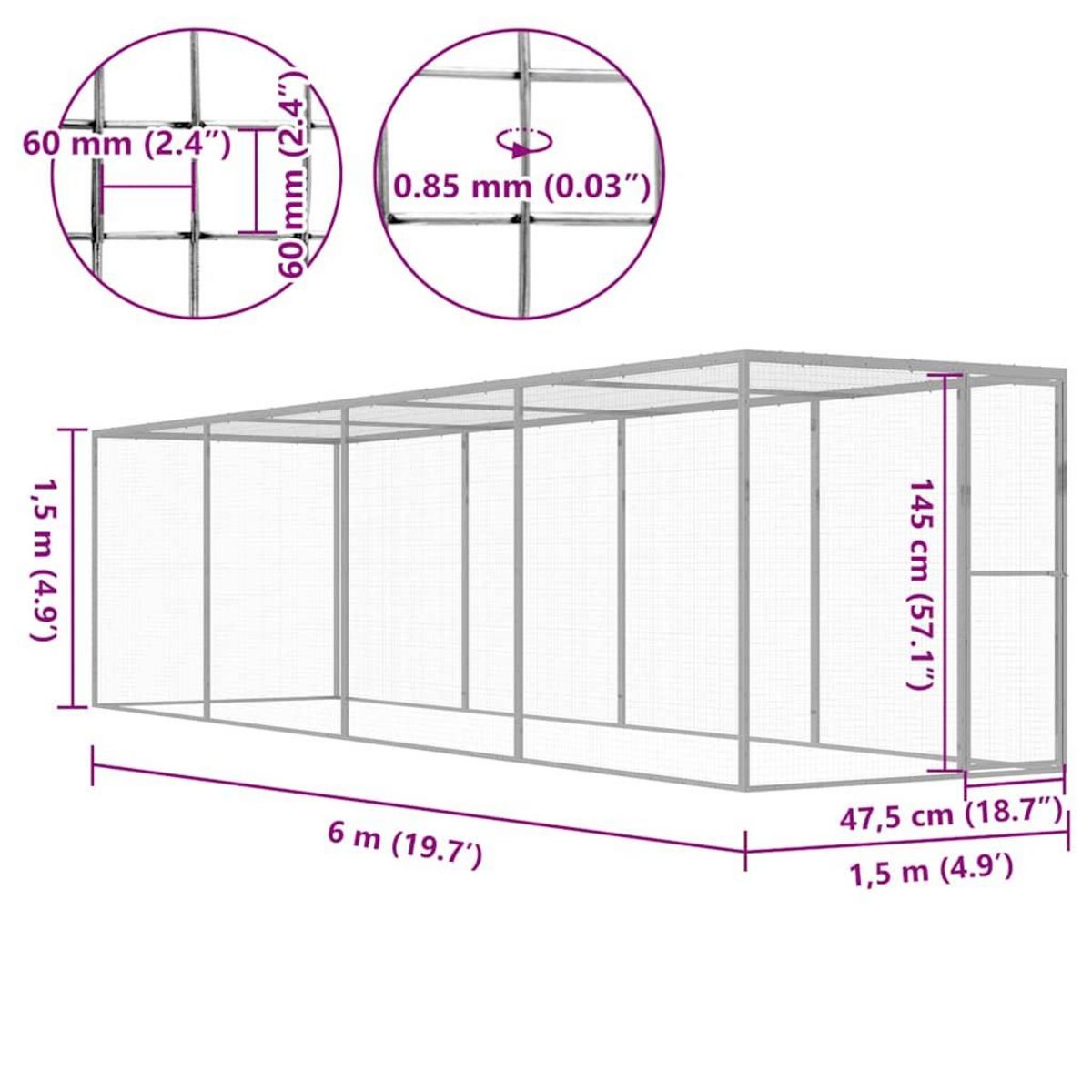 VIDAXL Cage pour chat 6x1,5x1,5 m Acier galvanise