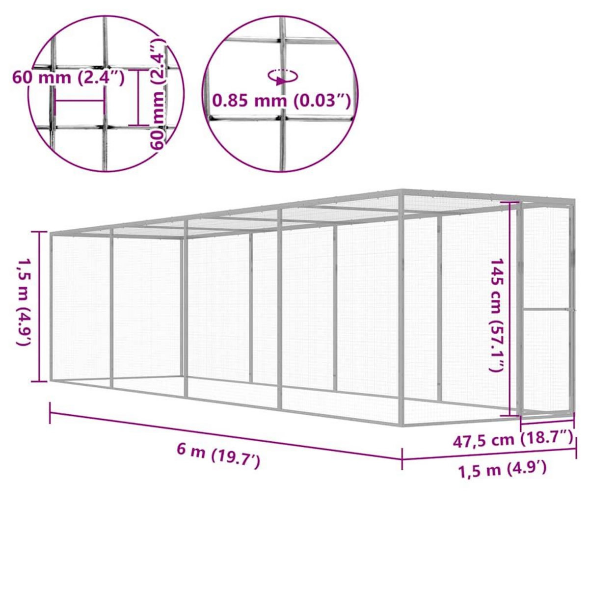 VIDAXL Cage pour chat 6x1,5x1,5 m Acier galvanise