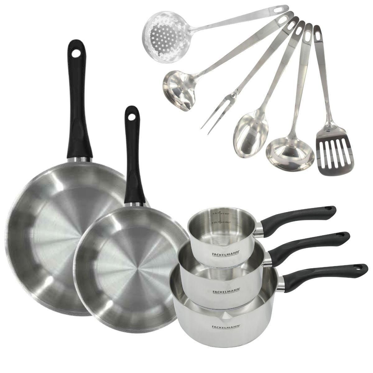Fackelmann Set 2 poêles 20 et 28 cm, 3 casseroles en inox et 6 ustensiles inox Fackelmann Geneva