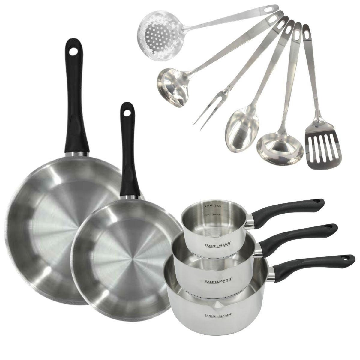 Fackelmann Set 2 poêles 20 et 28 cm, 3 casseroles en inox et 6 ustensiles inox Fackelmann Geneva