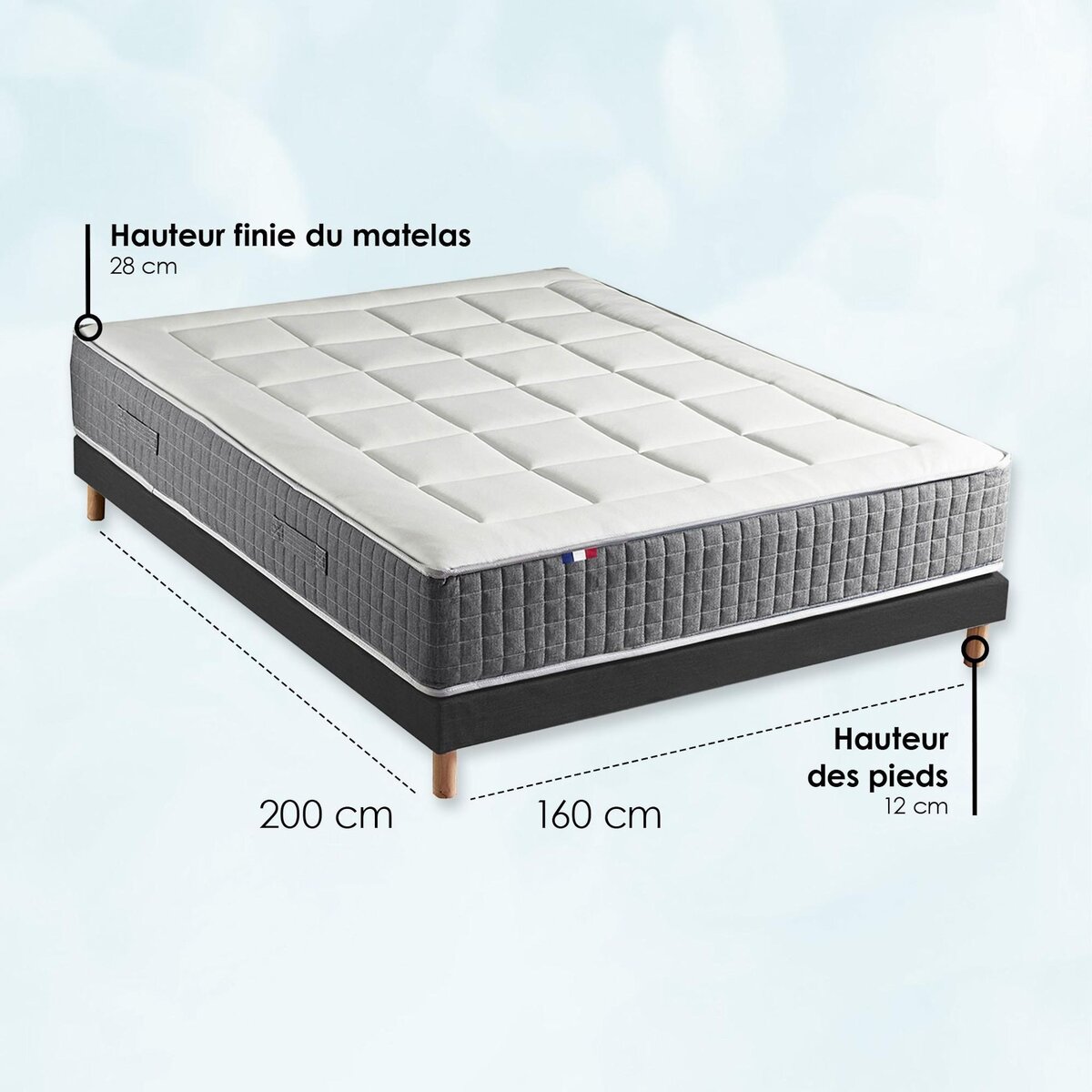 IDLITERIE Ensemble Matelas Ressort 7 zones H.28cm + Sommier Fabriqué en France MAX