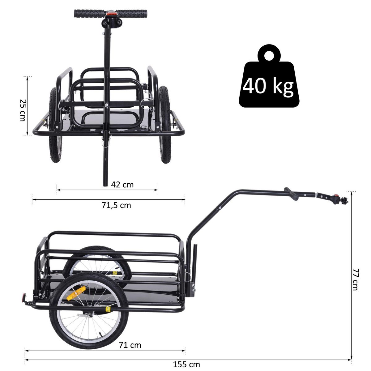 HOMCOM Remorque vélo remorque de transport pour vélo 155L x 71,5l x 77H cm barre d'attelage universelle pliable acier noir