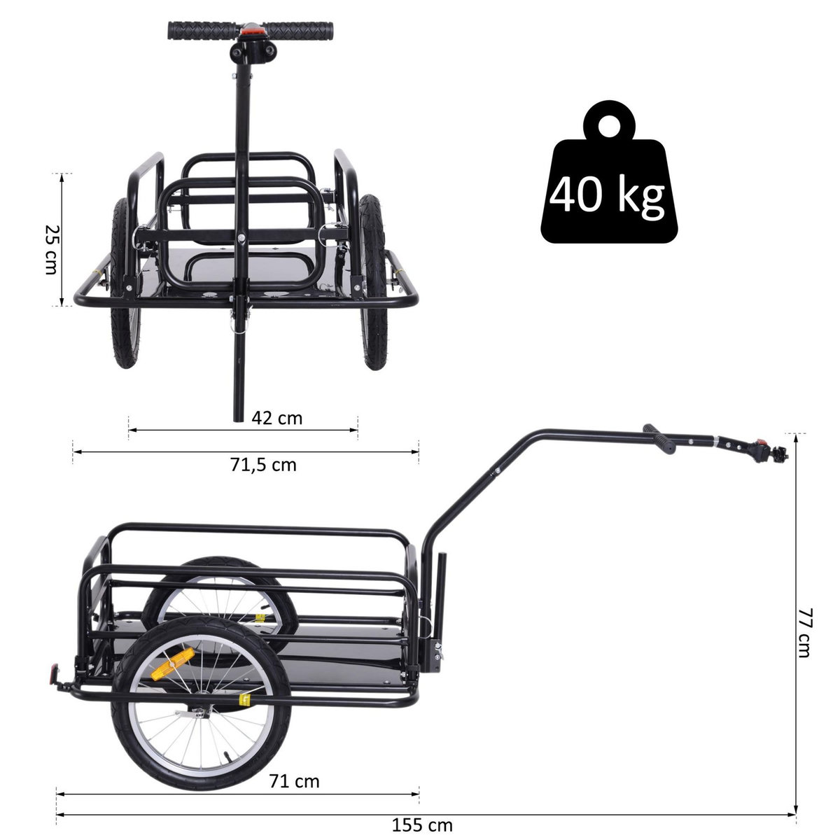HOMCOM Remorque vélo remorque de transport pour vélo 155L x 71,5l x 77H cm barre d'attelage universelle pliable acier noir