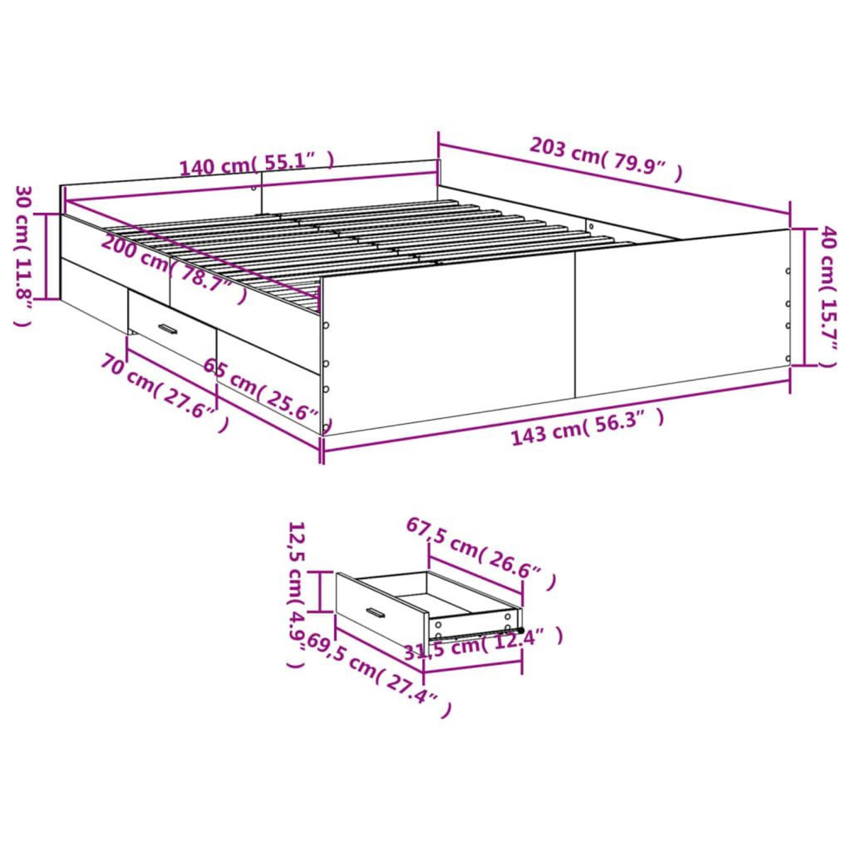 VIDAXL Cadre de lit avec tiroirs sans matelas chene fume 140x200 cm