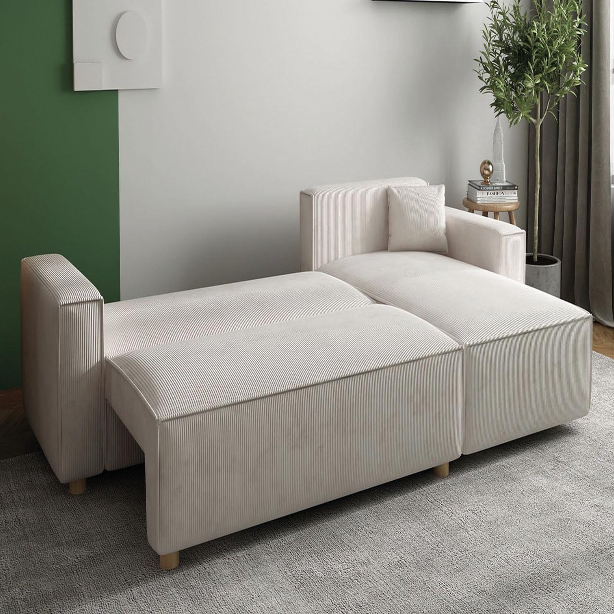 Voir la diapositive 6 : CONCEPT USINE Canapé convertible d'angle réversible 4 places velours côtelé beige cosy