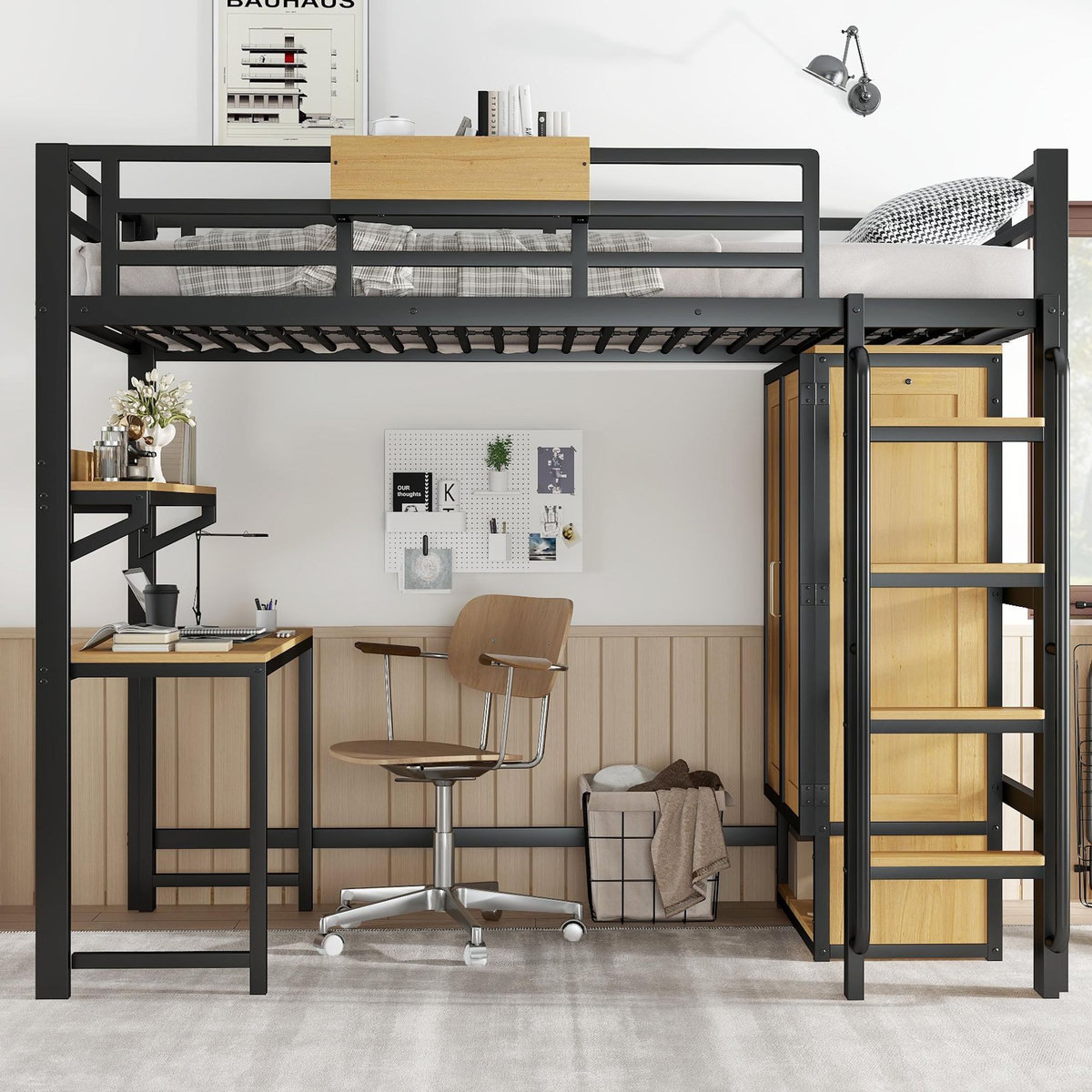 MERAX Lit mezzanine 90x200 cm coloris noir+naturel métal
