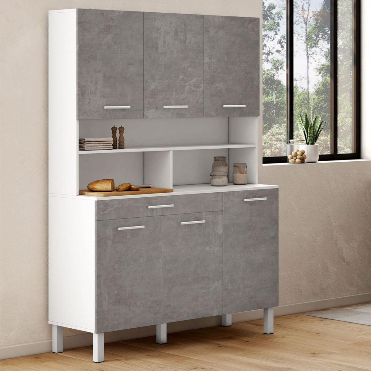 ID MARKET Buffet de cuisine 120 CM CINA 6 portes + tiroir blanc et effet béton