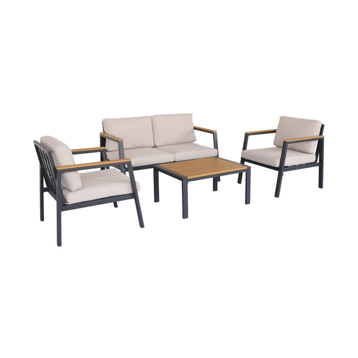 SWEEEK Salon de jardin Casoria, aluminium et polywood 4 places, 1 canapé, 2 fauteuils, 1 table basse