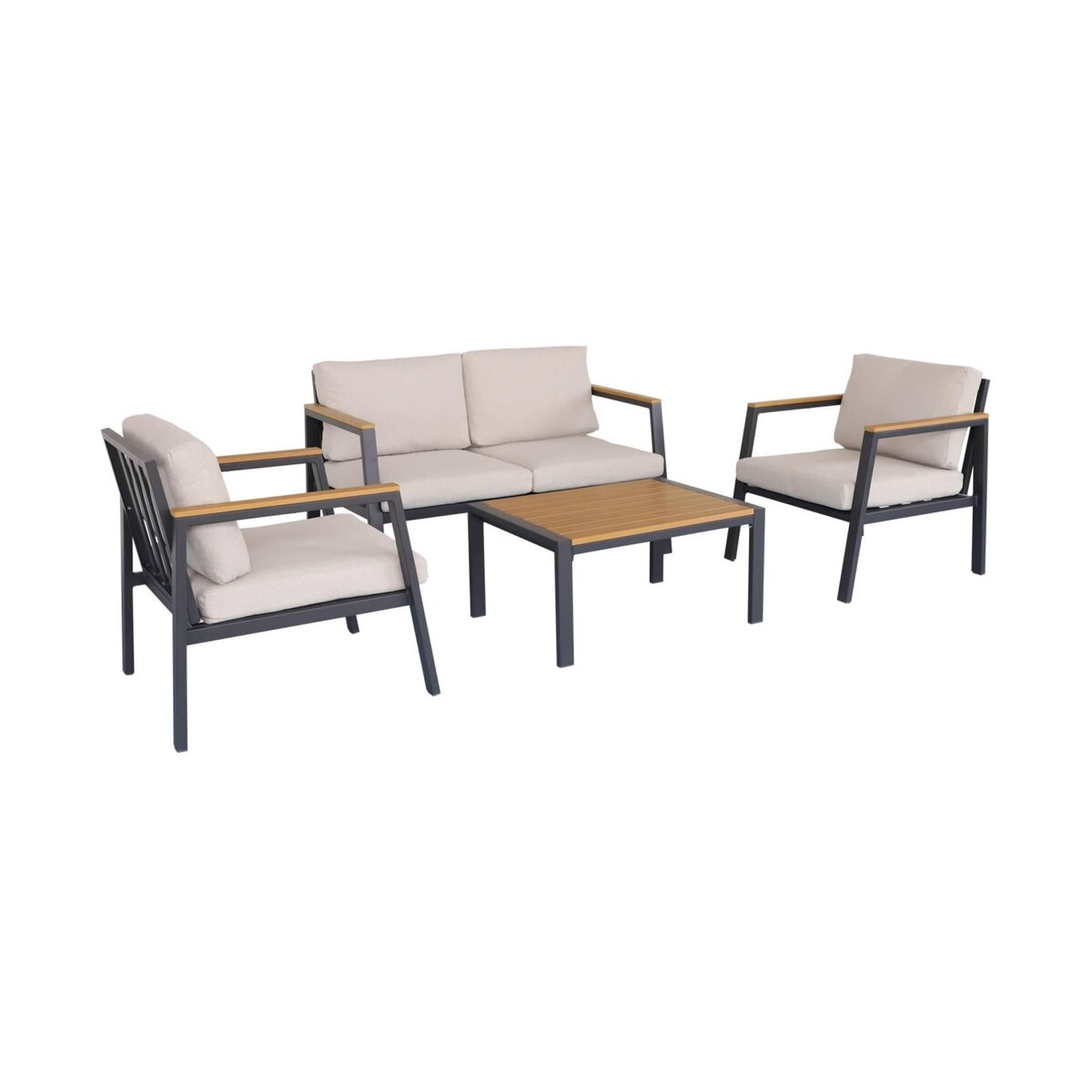 SWEEEK Salon de jardin Casoria, aluminium et polywood 4 places, 1 canapé, 2 fauteuils, 1 table basse