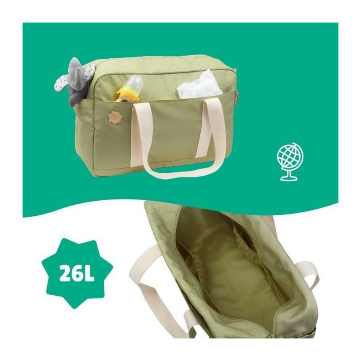 BADABULLE Badabulle Sac a langer Bowling - Grande Contenance 20L - Plan a langer et Attaches-poussette inclus, Olive