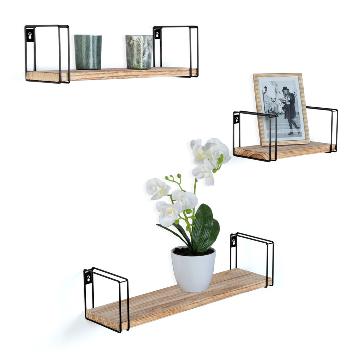 ID MARKET Lot de 3 étagères murales LILY bois et métal design industriel