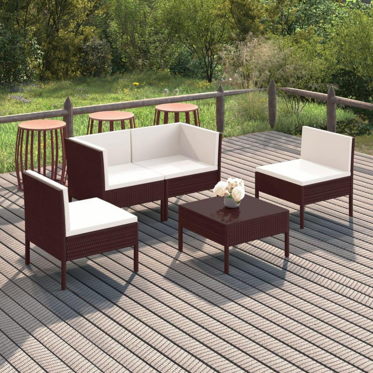 VIDAXL Salon de jardin 5 pcs avec coussins resine tressee marron