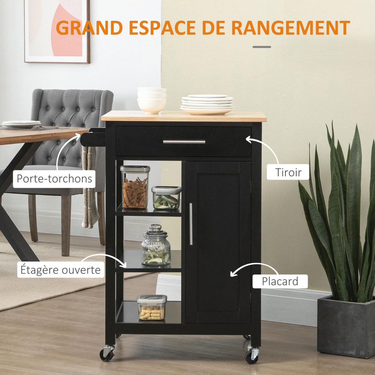 HOMCOM Desserte de cuisine style contemporain - porte, tiroir, 3 étagères - poignées métal MDF noir plateau bois hévéa