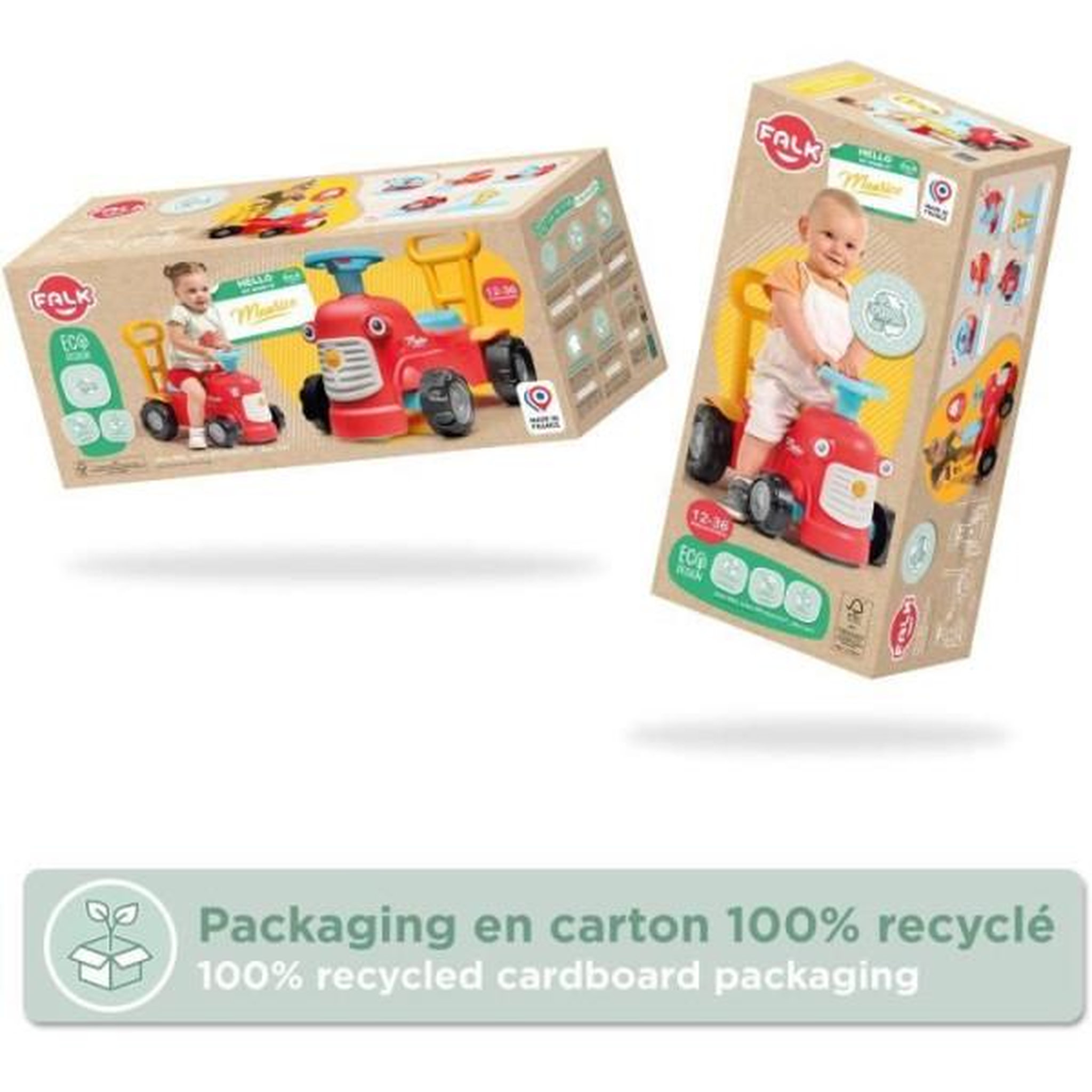 Voir la diapositive 6 : FALK Porteur Trotteur  tracteur Maurice - FALK - Volant directionnel, Assise ouvrante - Fabriqué en France - 90% de plastique recyclé - Des 1