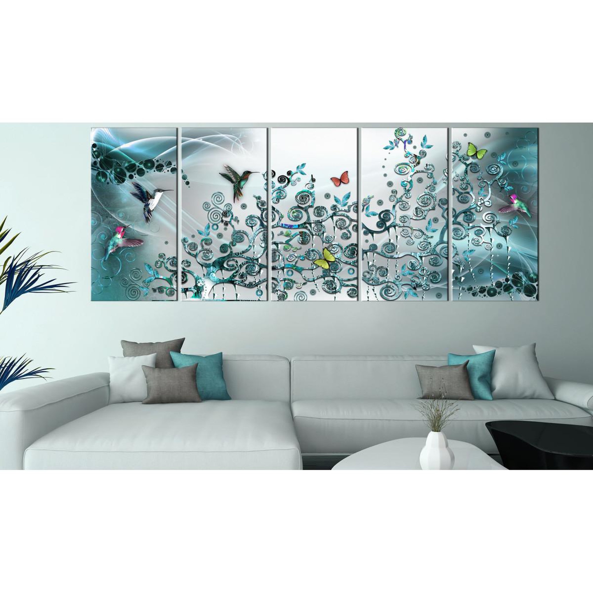 Voir la diapositive 2 : Paris Prix Tableau 5 panneaux  hummingbirds dance turquoise narrow