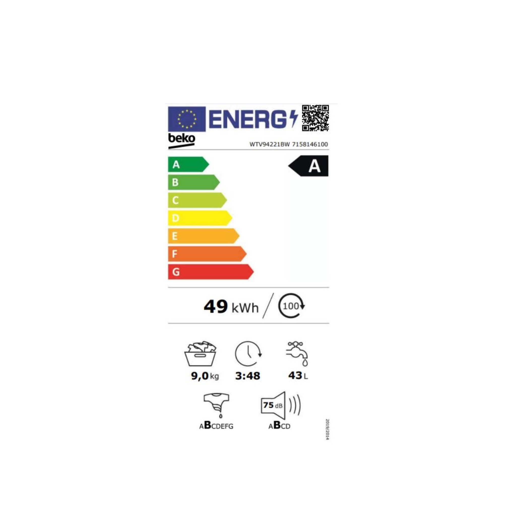 Voir la diapositive 2 : Beko Lave-linge frontal 9 kg 1400 tours/min - wtv94221bw