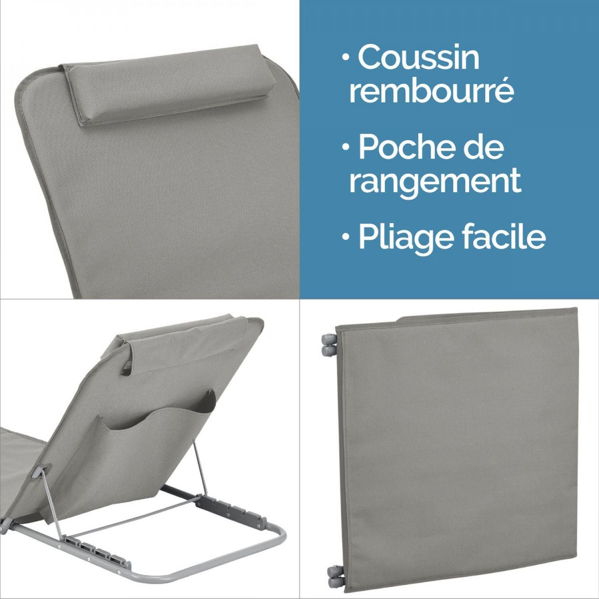 LINXOR Matelas, transat, tapis de plage avec dossier inclinable et sac de transport