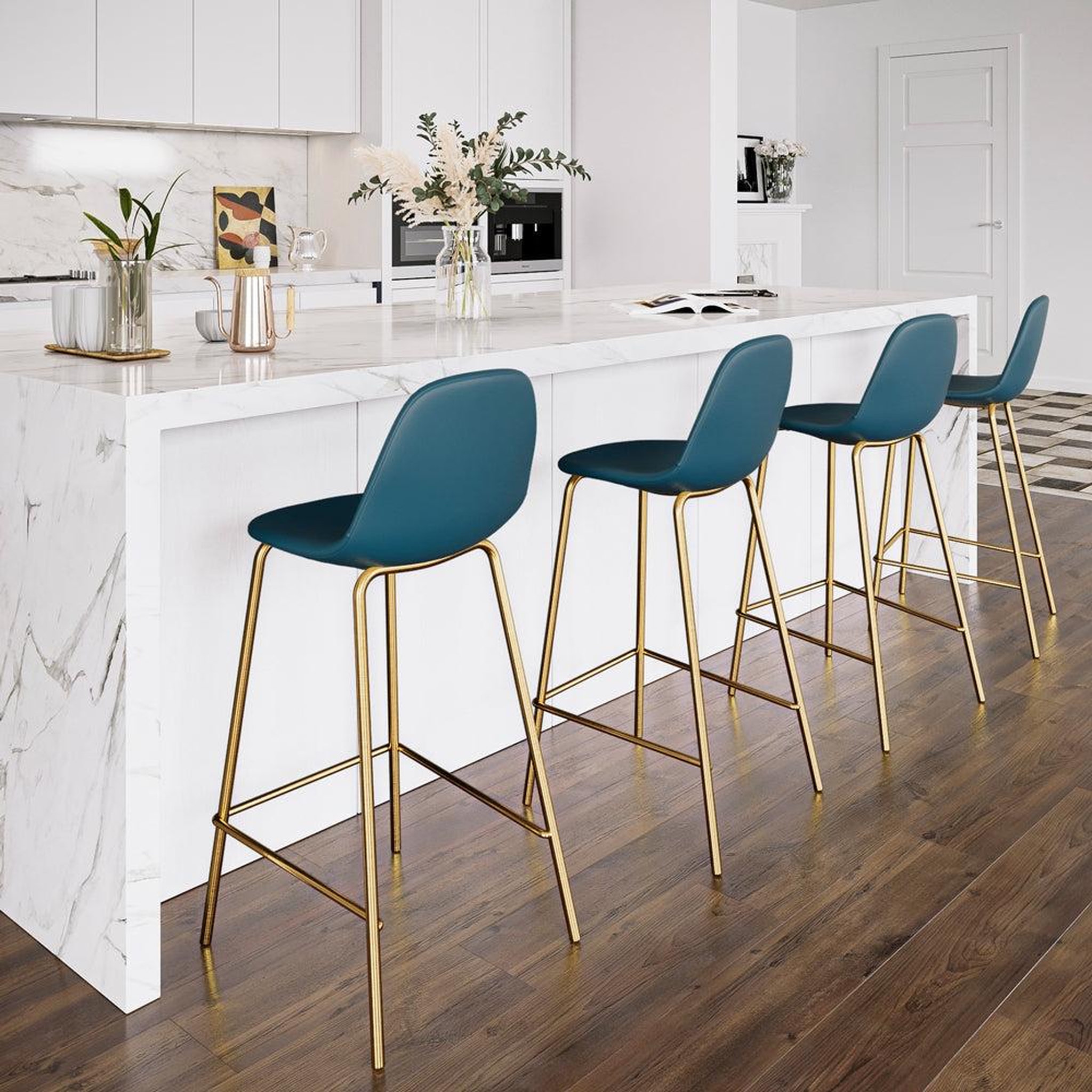 Voir la diapositive 6 : MAISON PAVANE Lot de 2 chaises pour îlot central 65 cm en cuir synthétique bleu-henrik