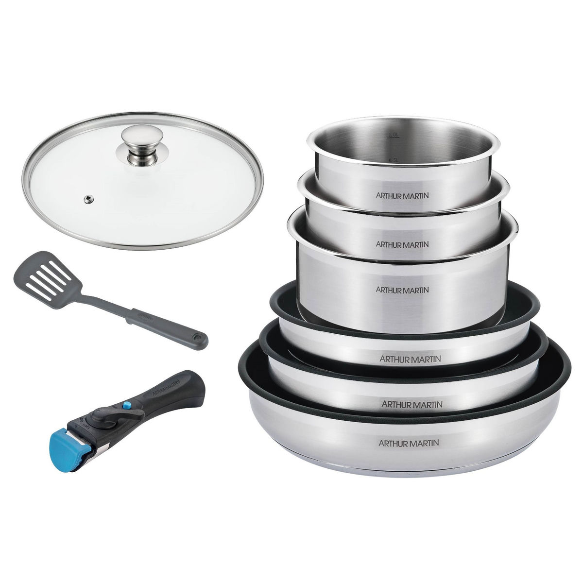Arthur Martin Batterie de cuisine amovible induction de 10 pièces inox  + minuteur