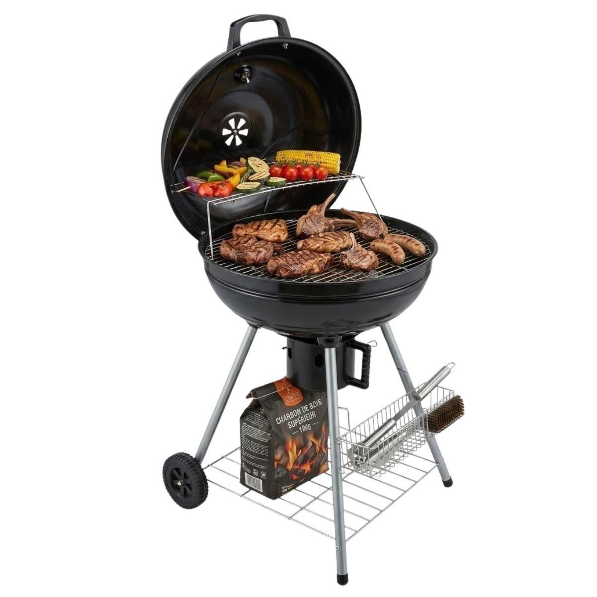 EL GAUCHO Barbecue à charbon de bois double grille cuisson ø54.5cm& couvercle thermostat bac à cendres, barbecue sur roues avec rangement
