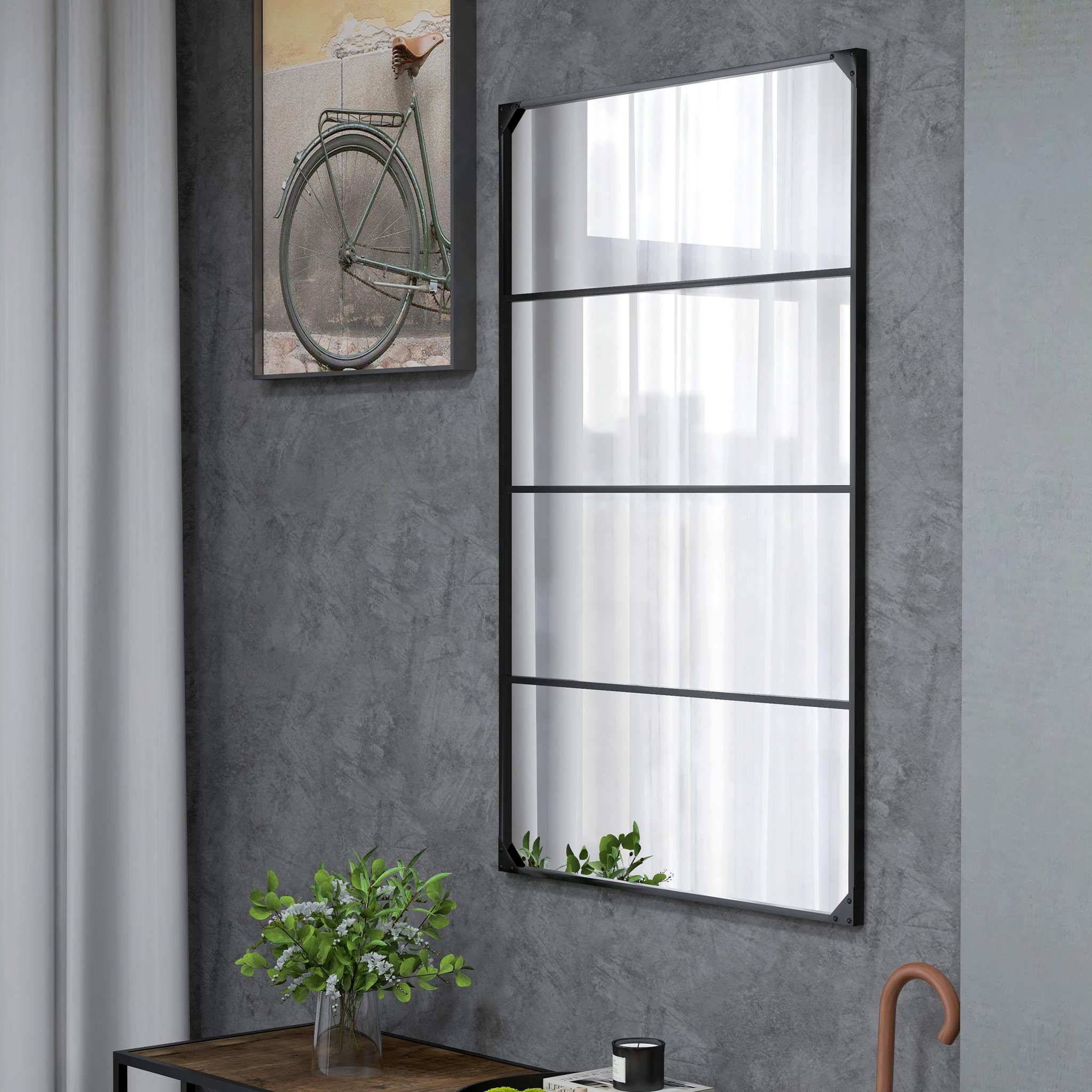 Voir la diapositive 6 : HOMCOM Miroir mural verrière rectangulaire style industriel - horizontal ou vertical - 4 crochets - métal noir