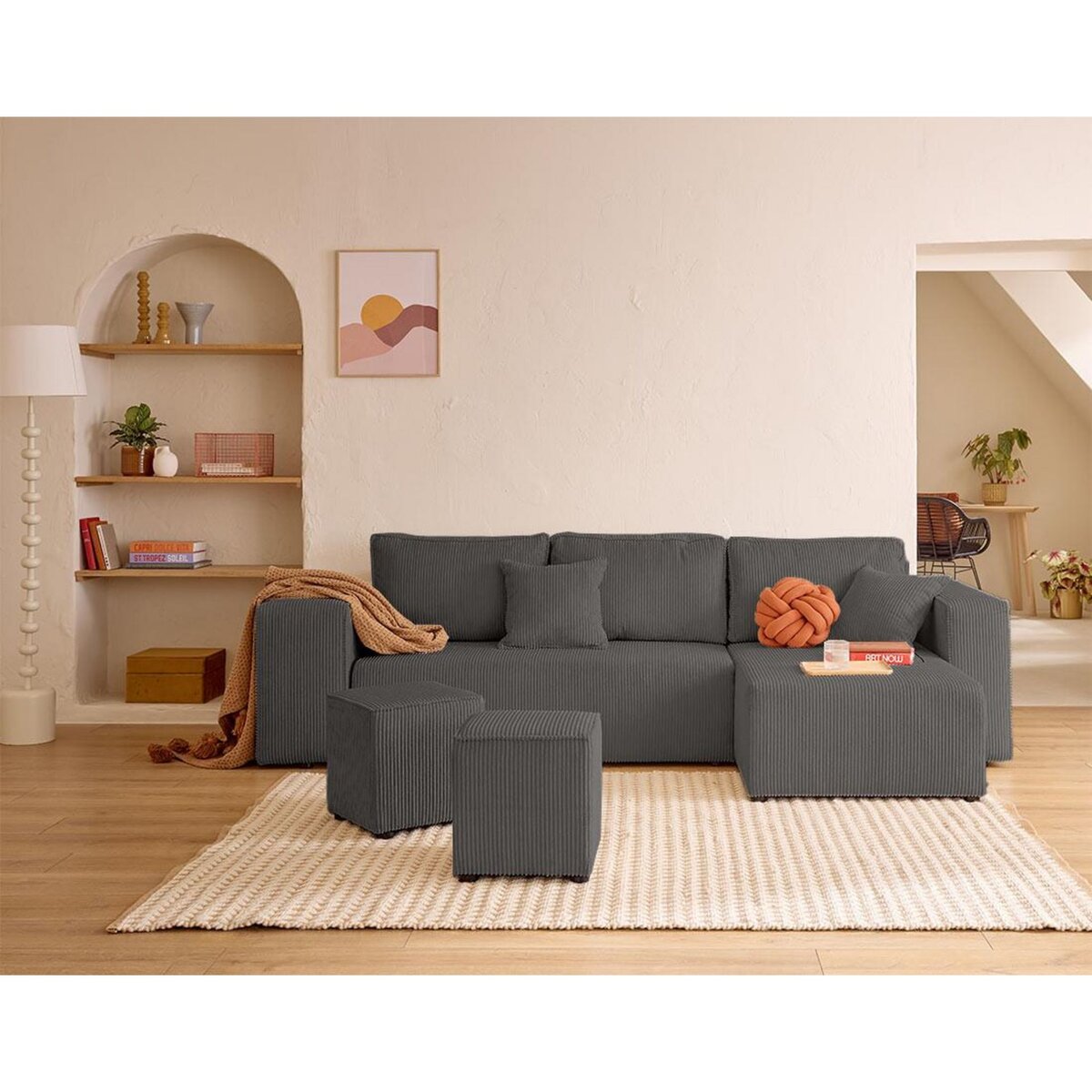 BEST MOBILIER Topaze - canapé d'angle réversible 4 places - convertible avec coffre, tablette et poufs - en velours côtelé