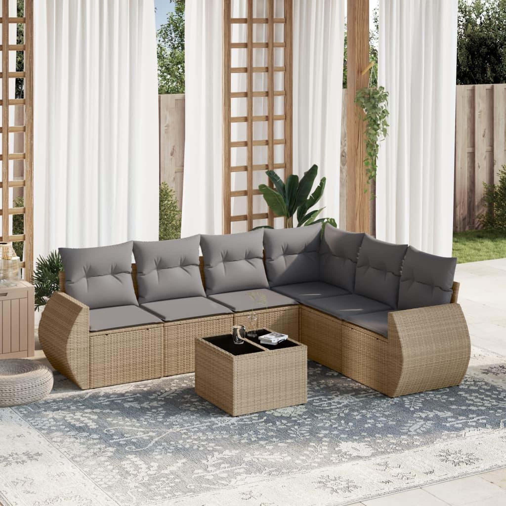 VIDAXL Salon de jardin avec coussins 7 pcs beige resine tressee